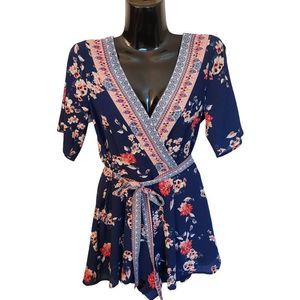 MIAMI Floral Blue Dress Romper with Lining Size Small